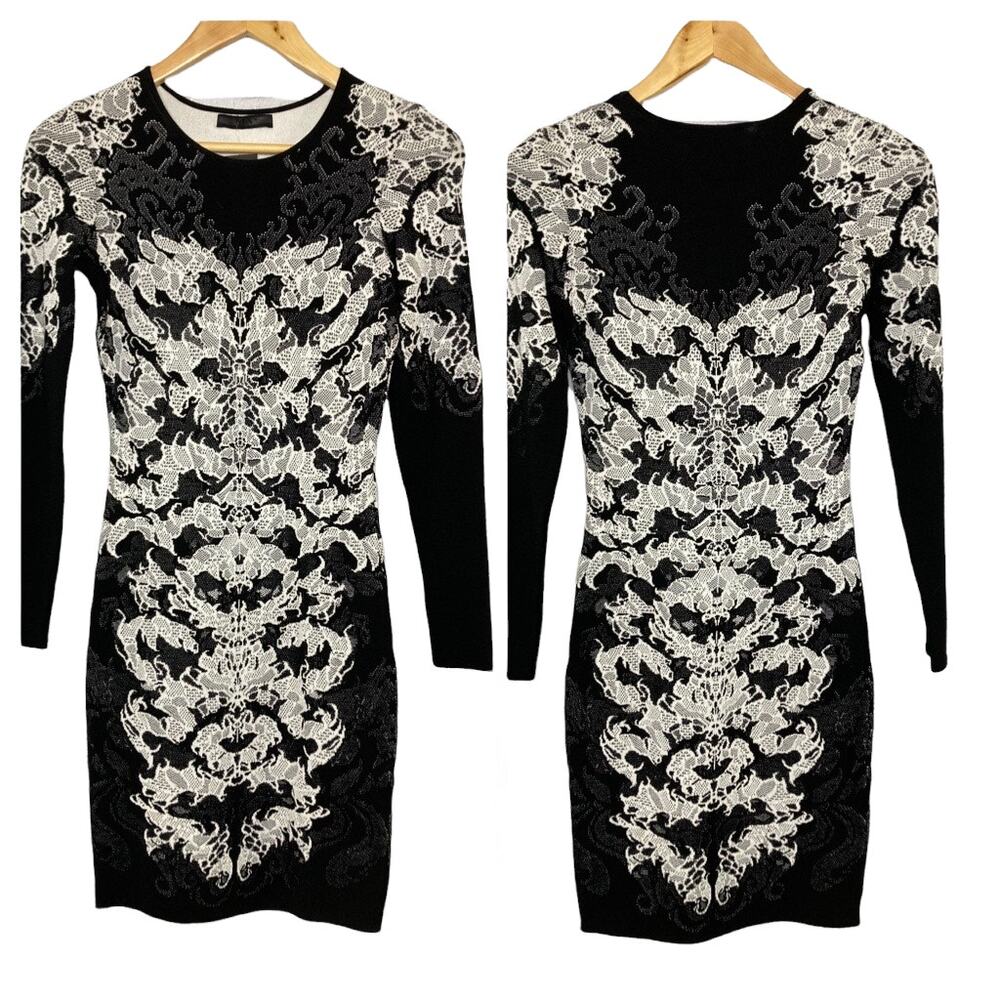 RVN Scorpio Black & White Lace Jacquard Long Sleeve Dress XS New with tags!
